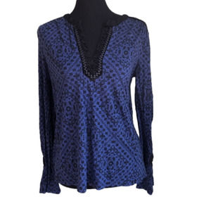 Lucky Brand Blue Black Long Sleeve Blouse w/ Crotched detail size M